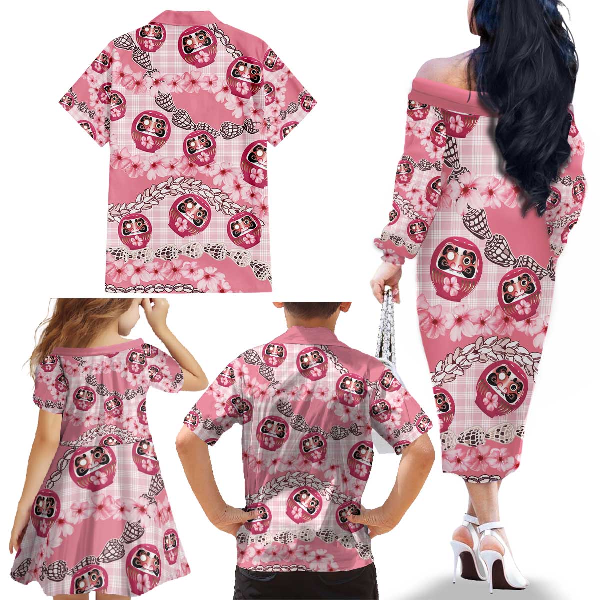 Japanese Daruma Doll Palaka Family Matching Off The Shoulder Long Sleeve Dress and Hawaiian Shirt Cherry Blossoms With Shell Lei - Wonder Print Shop