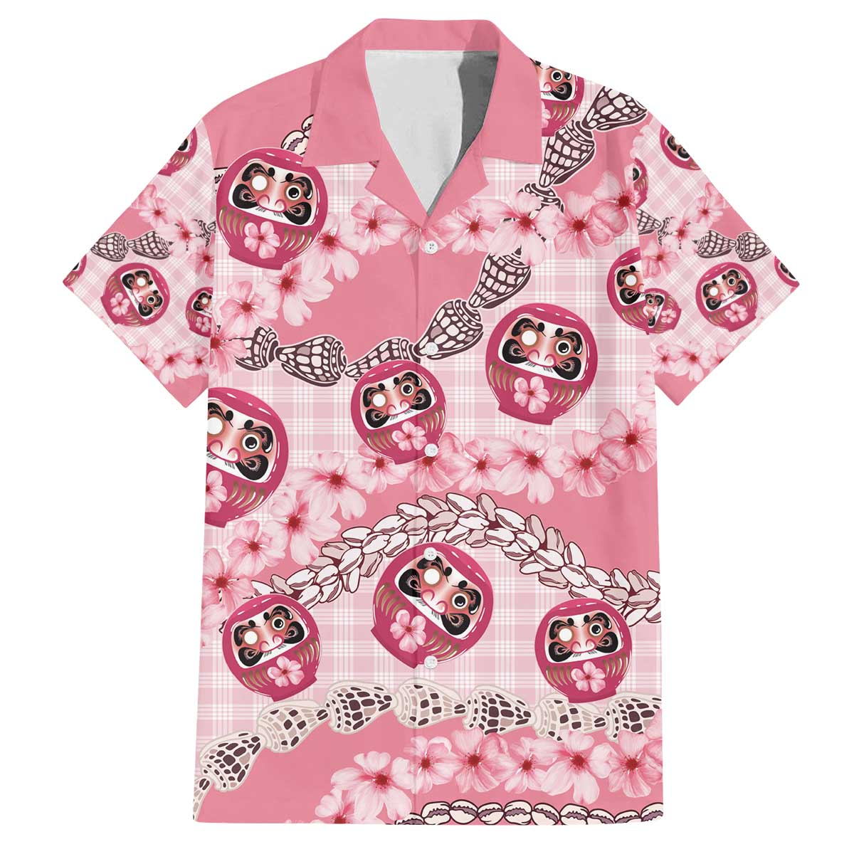 Japanese Daruma Doll Palaka Family Matching Off The Shoulder Long Sleeve Dress and Hawaiian Shirt Cherry Blossoms With Shell Lei - Wonder Print Shop