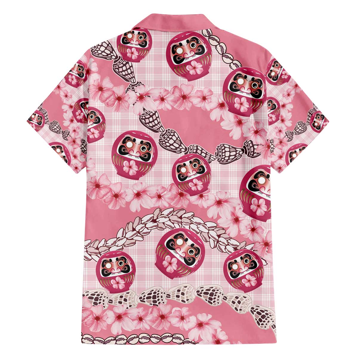 Japanese Daruma Doll Palaka Family Matching Off The Shoulder Long Sleeve Dress and Hawaiian Shirt Cherry Blossoms With Shell Lei - Wonder Print Shop