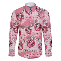 Japanese Daruma Doll Palaka Family Matching Off The Shoulder Long Sleeve Dress and Hawaiian Shirt Cherry Blossoms With Shell Lei - Wonder Print Shop