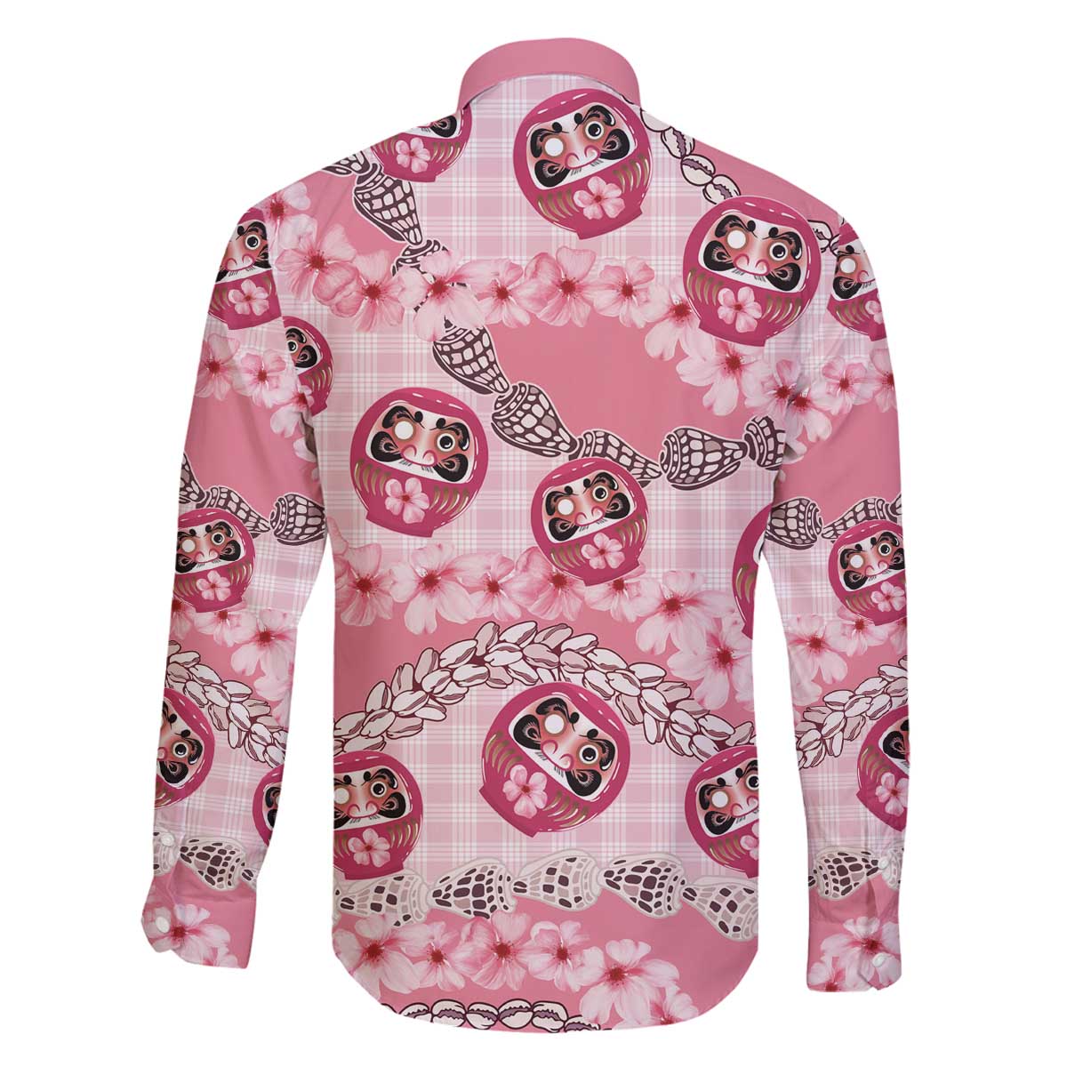 Japanese Daruma Doll Palaka Family Matching Off The Shoulder Long Sleeve Dress and Hawaiian Shirt Cherry Blossoms With Shell Lei - Wonder Print Shop