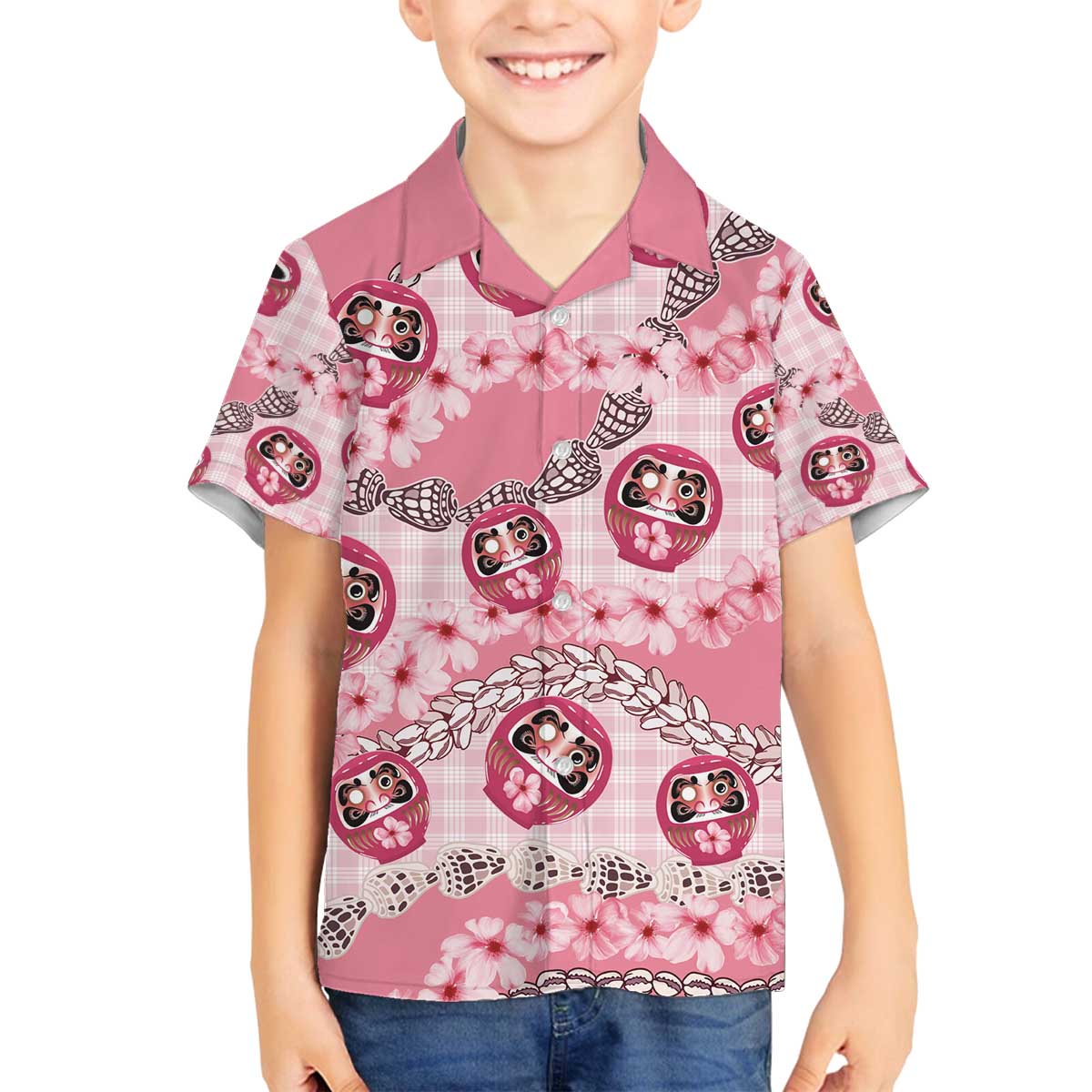 Japanese Daruma Doll Palaka Family Matching Off The Shoulder Long Sleeve Dress and Hawaiian Shirt Cherry Blossoms With Shell Lei - Wonder Print Shop