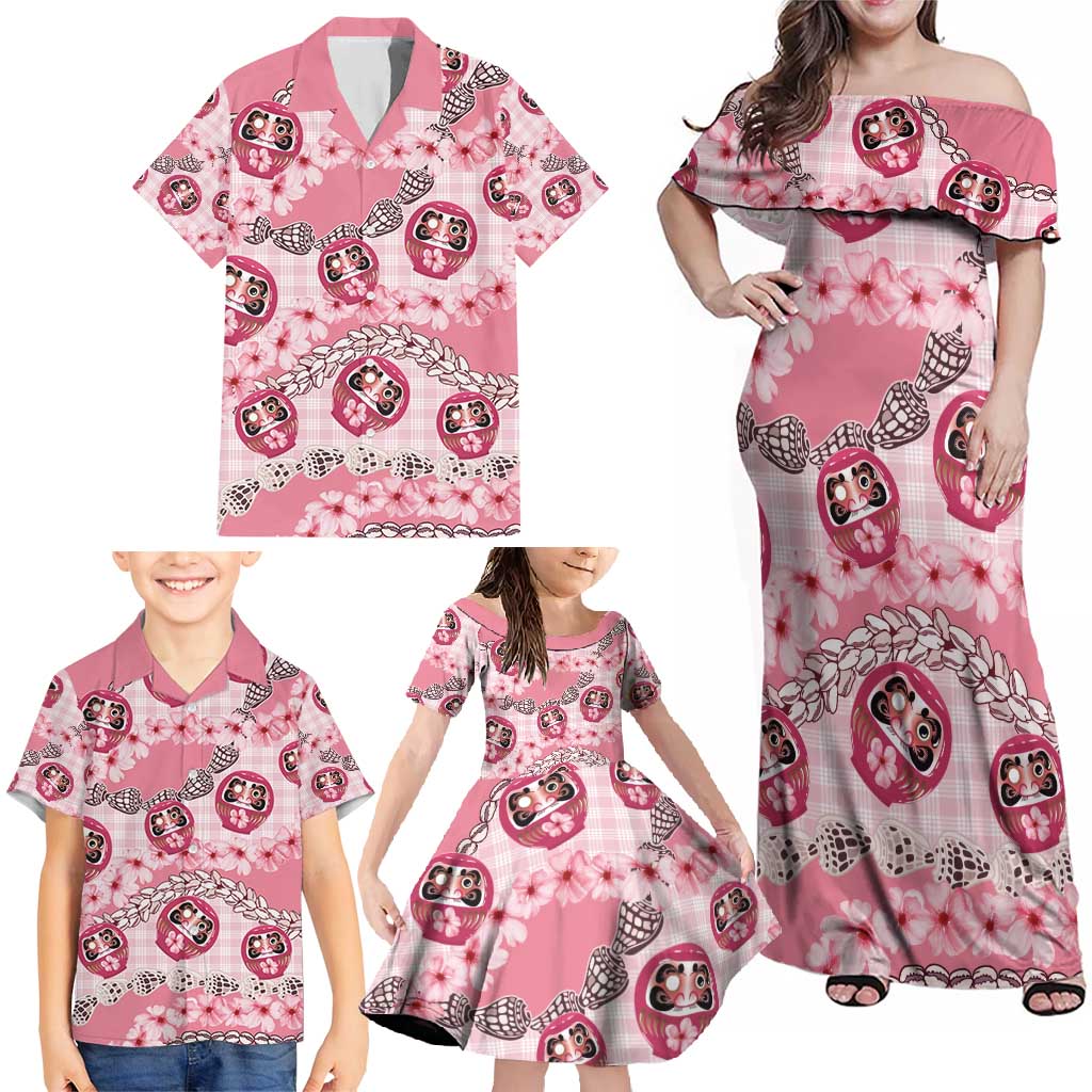 Japanese Daruma Doll Palaka Family Matching Off Shoulder Maxi Dress and Hawaiian Shirt Cherry Blossoms With Shell Lei - Wonder Print Shop