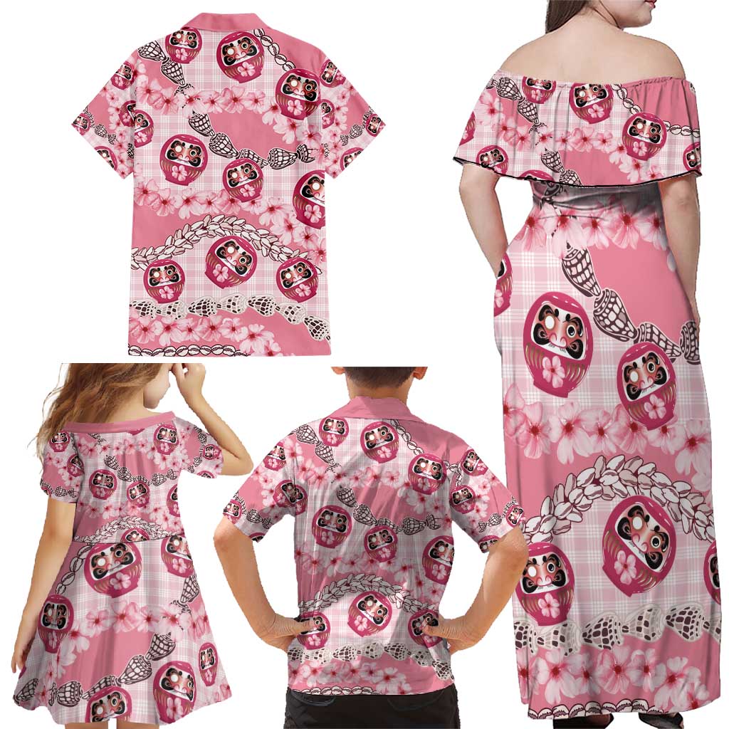 Japanese Daruma Doll Palaka Family Matching Off Shoulder Maxi Dress and Hawaiian Shirt Cherry Blossoms With Shell Lei - Wonder Print Shop