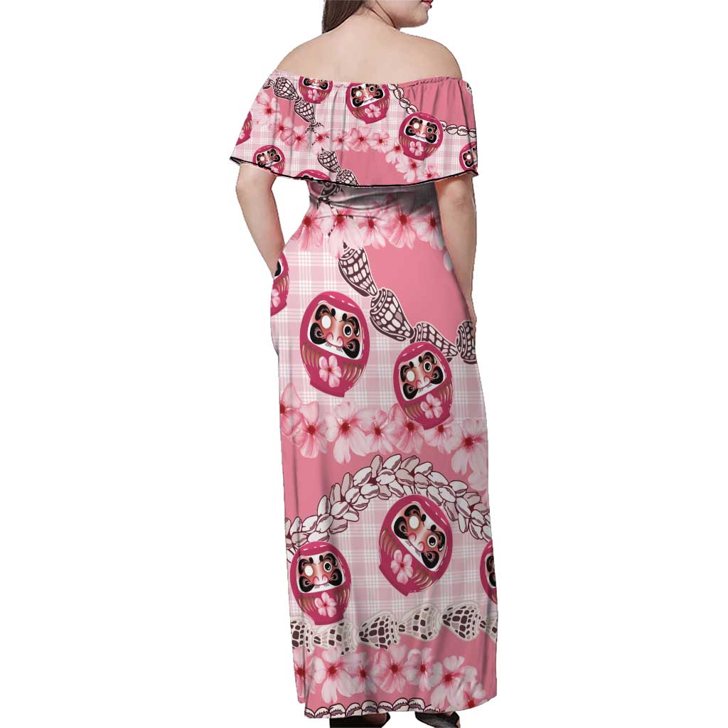 Japanese Daruma Doll Palaka Family Matching Off Shoulder Maxi Dress and Hawaiian Shirt Cherry Blossoms With Shell Lei - Wonder Print Shop