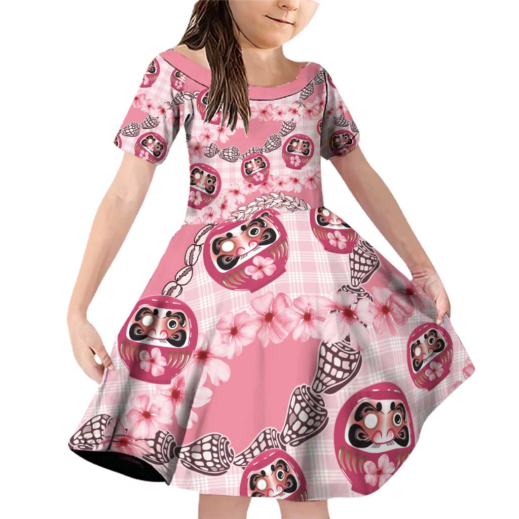 Japanese Daruma Doll Palaka Family Matching Off Shoulder Short Dress and Hawaiian Shirt Cherry Blossoms With Shell Lei - Wonder Print Shop