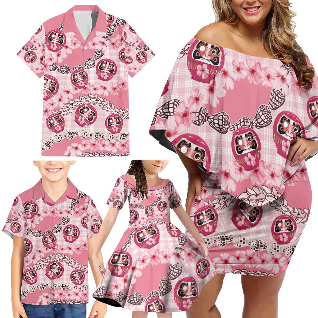 Japanese Daruma Doll Palaka Family Matching Off Shoulder Short Dress and Hawaiian Shirt Cherry Blossoms With Shell Lei - Wonder Print Shop