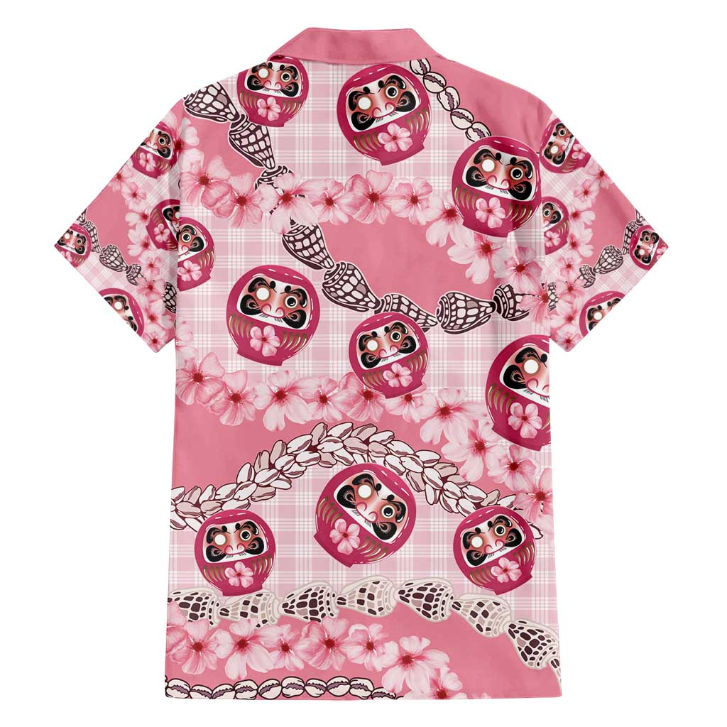 Japanese Daruma Doll Palaka Family Matching Off Shoulder Short Dress and Hawaiian Shirt Cherry Blossoms With Shell Lei - Wonder Print Shop