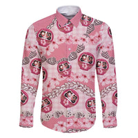 Japanese Daruma Doll Palaka Family Matching Off Shoulder Short Dress and Hawaiian Shirt Cherry Blossoms With Shell Lei - Wonder Print Shop