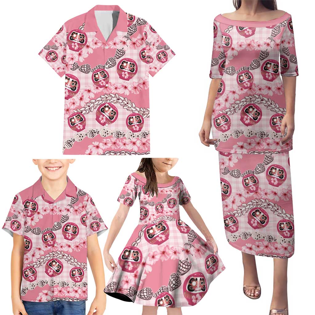 Japanese Daruma Doll Palaka Family Matching Puletasi and Hawaiian Shirt Cherry Blossoms With Shell Lei - Wonder Print Shop