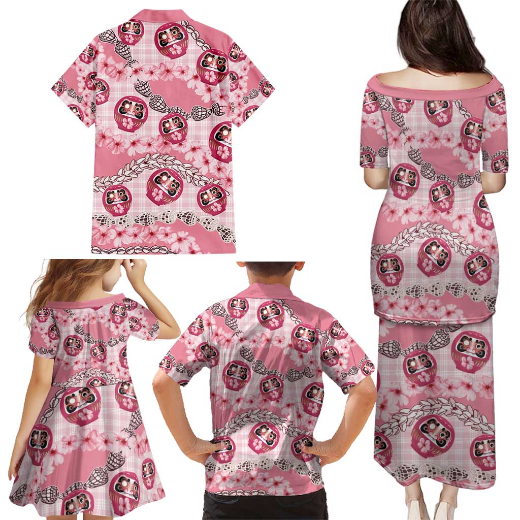 Japanese Daruma Doll Palaka Family Matching Puletasi and Hawaiian Shirt Cherry Blossoms With Shell Lei - Wonder Print Shop