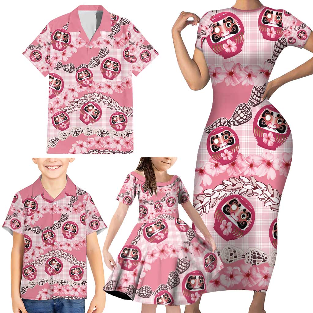 Japanese Daruma Doll Palaka Family Matching Short Sleeve Bodycon Dress and Hawaiian Shirt Cherry Blossoms With Shell Lei - Wonder Print Shop
