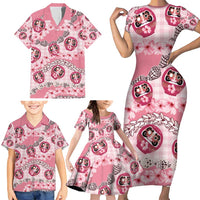 Japanese Daruma Doll Palaka Family Matching Short Sleeve Bodycon Dress and Hawaiian Shirt Cherry Blossoms With Shell Lei - Wonder Print Shop