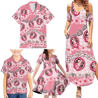 Japanese Daruma Doll Palaka Family Matching Summer Maxi Dress and Hawaiian Shirt Cherry Blossoms With Shell Lei - Wonder Print Shop