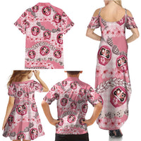 Japanese Daruma Doll Palaka Family Matching Summer Maxi Dress and Hawaiian Shirt Cherry Blossoms With Shell Lei - Wonder Print Shop