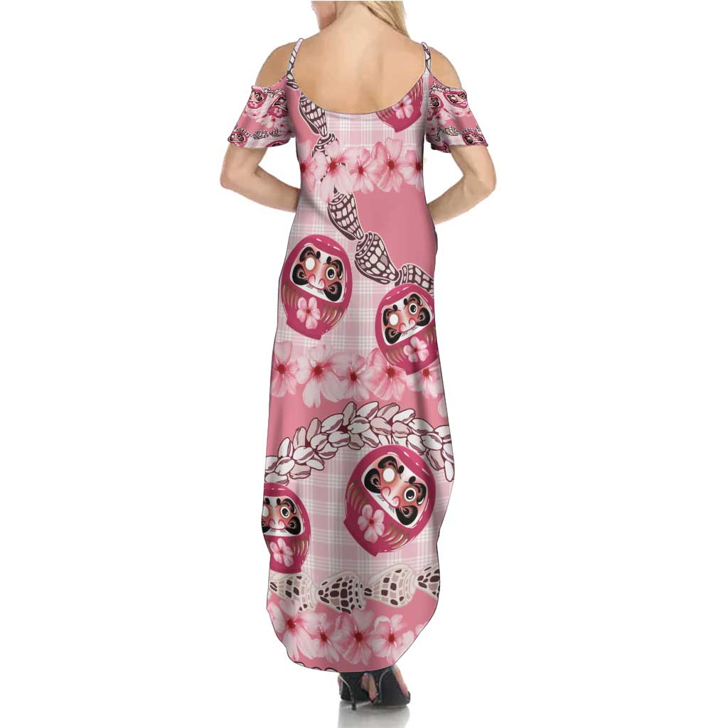 Japanese Daruma Doll Palaka Family Matching Summer Maxi Dress and Hawaiian Shirt Cherry Blossoms With Shell Lei - Wonder Print Shop