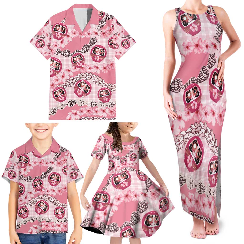 Japanese Daruma Doll Palaka Family Matching Tank Maxi Dress and Hawaiian Shirt Cherry Blossoms With Shell Lei - Wonder Print Shop