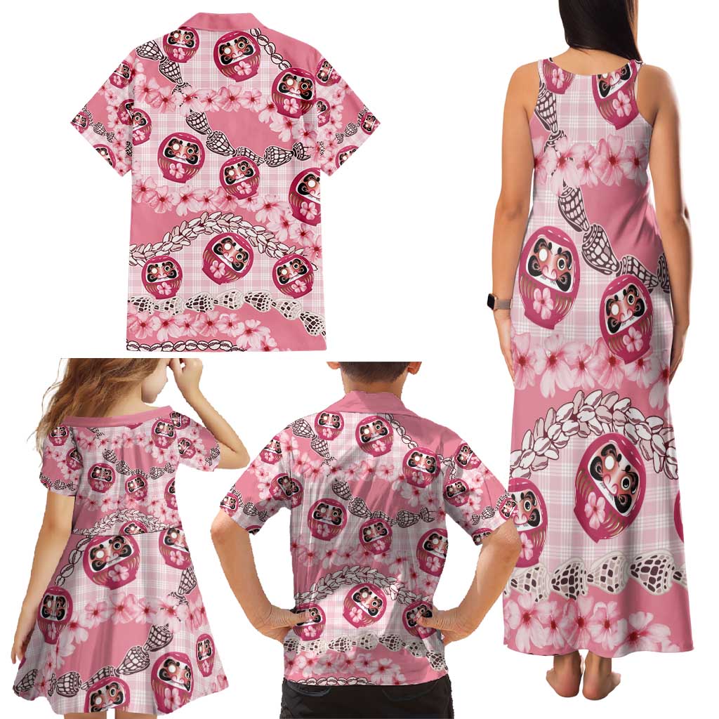 Japanese Daruma Doll Palaka Family Matching Tank Maxi Dress and Hawaiian Shirt Cherry Blossoms With Shell Lei - Wonder Print Shop
