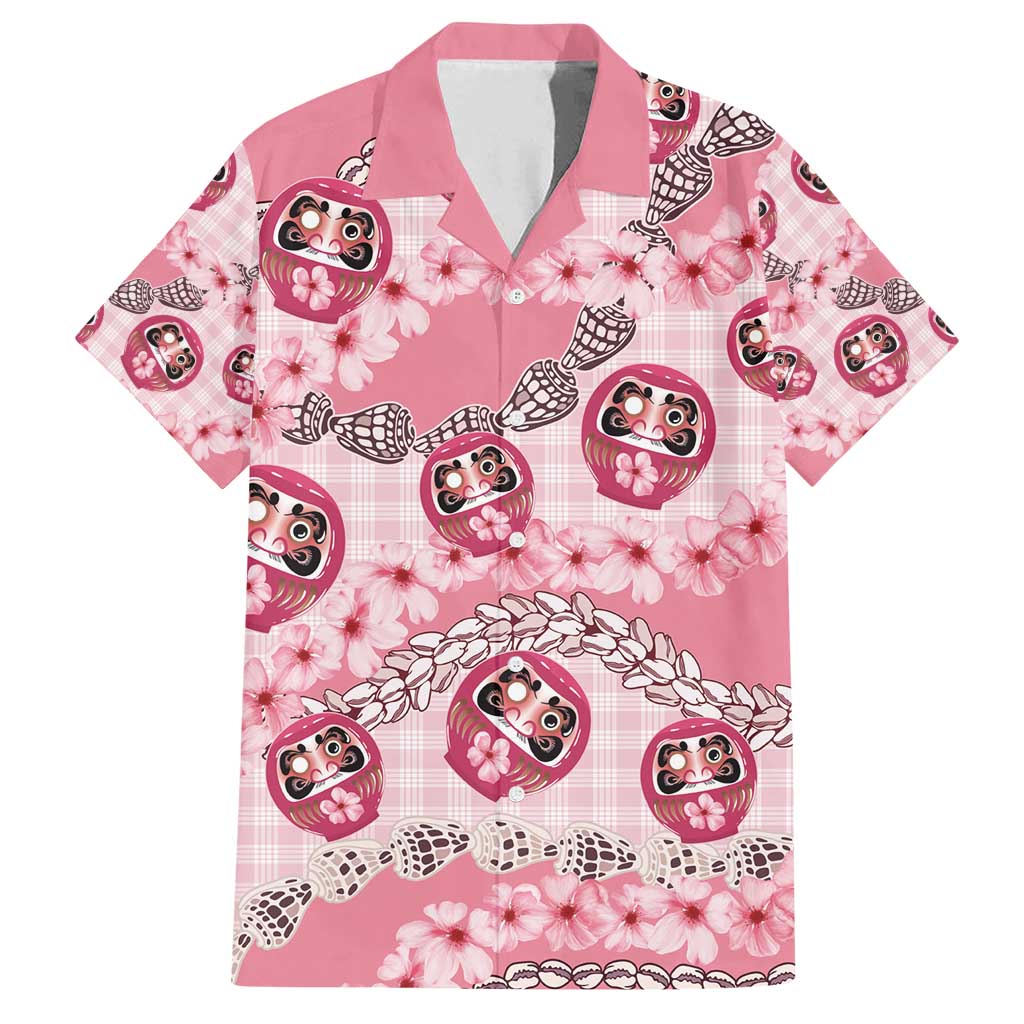 Japanese Daruma Doll Palaka Family Matching Tank Maxi Dress and Hawaiian Shirt Cherry Blossoms With Shell Lei - Wonder Print Shop