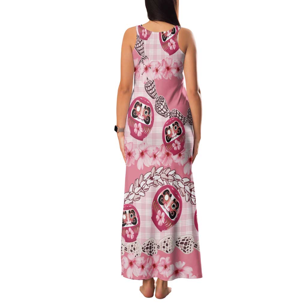 Japanese Daruma Doll Palaka Family Matching Tank Maxi Dress and Hawaiian Shirt Cherry Blossoms With Shell Lei - Wonder Print Shop