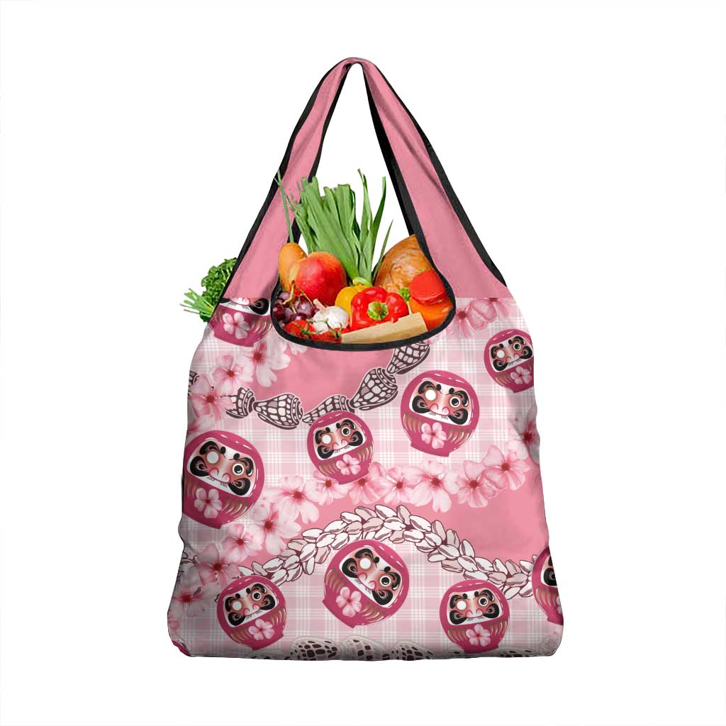 Japanese Daruma Doll Palaka Grocery Bag Cherry Blossoms With Shell Lei - Wonder Print Shop