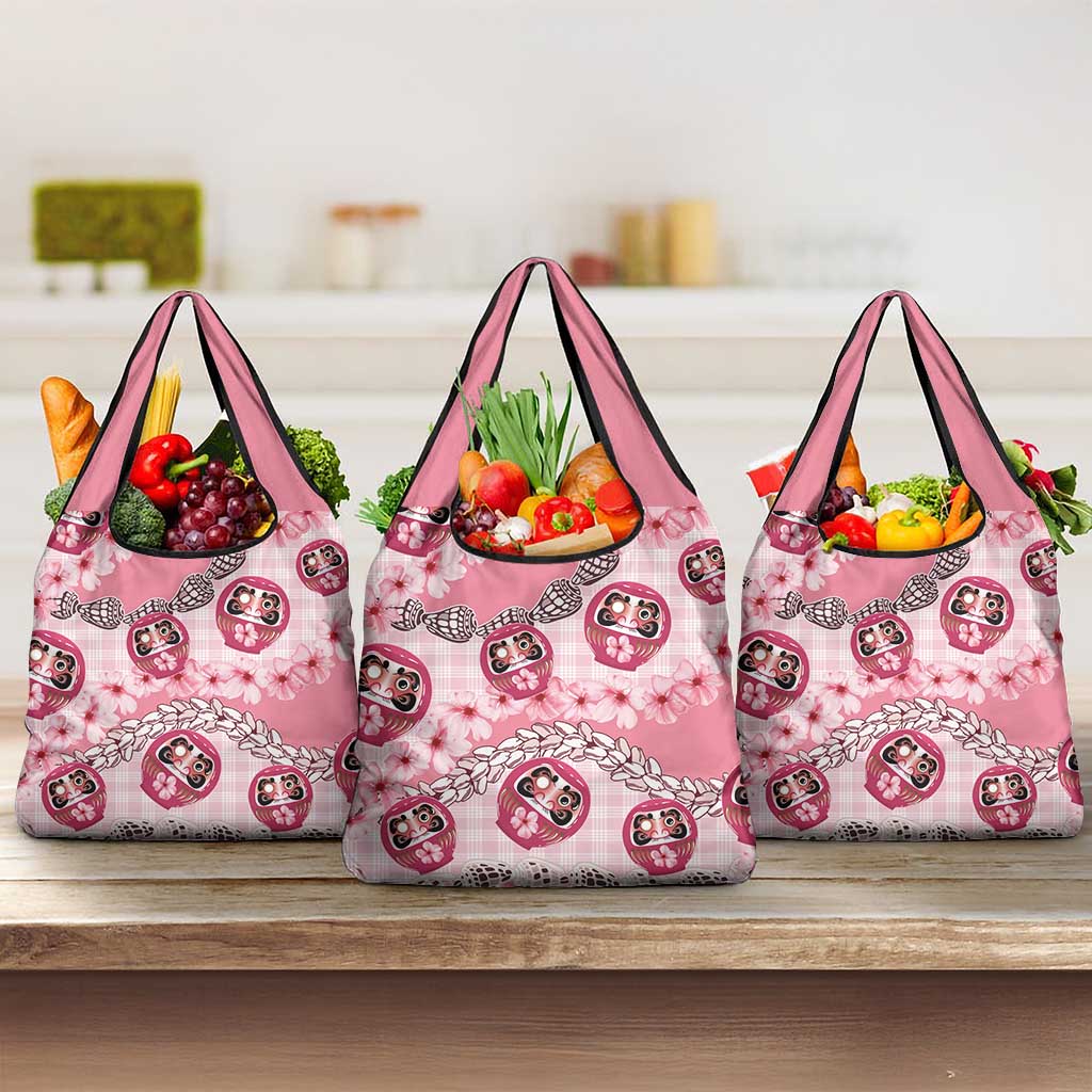 Japanese Daruma Doll Palaka Grocery Bag Cherry Blossoms With Shell Lei - Wonder Print Shop