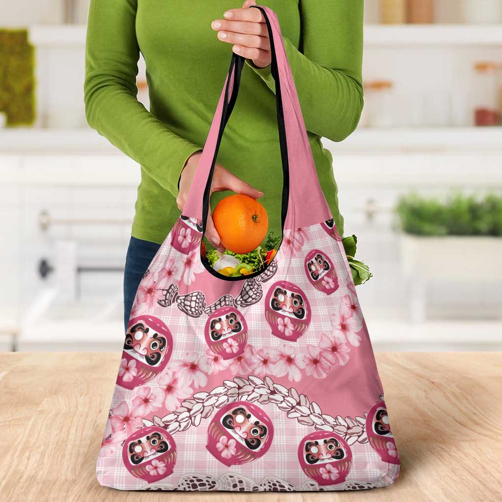 Japanese Daruma Doll Palaka Grocery Bag Cherry Blossoms With Shell Lei - Wonder Print Shop