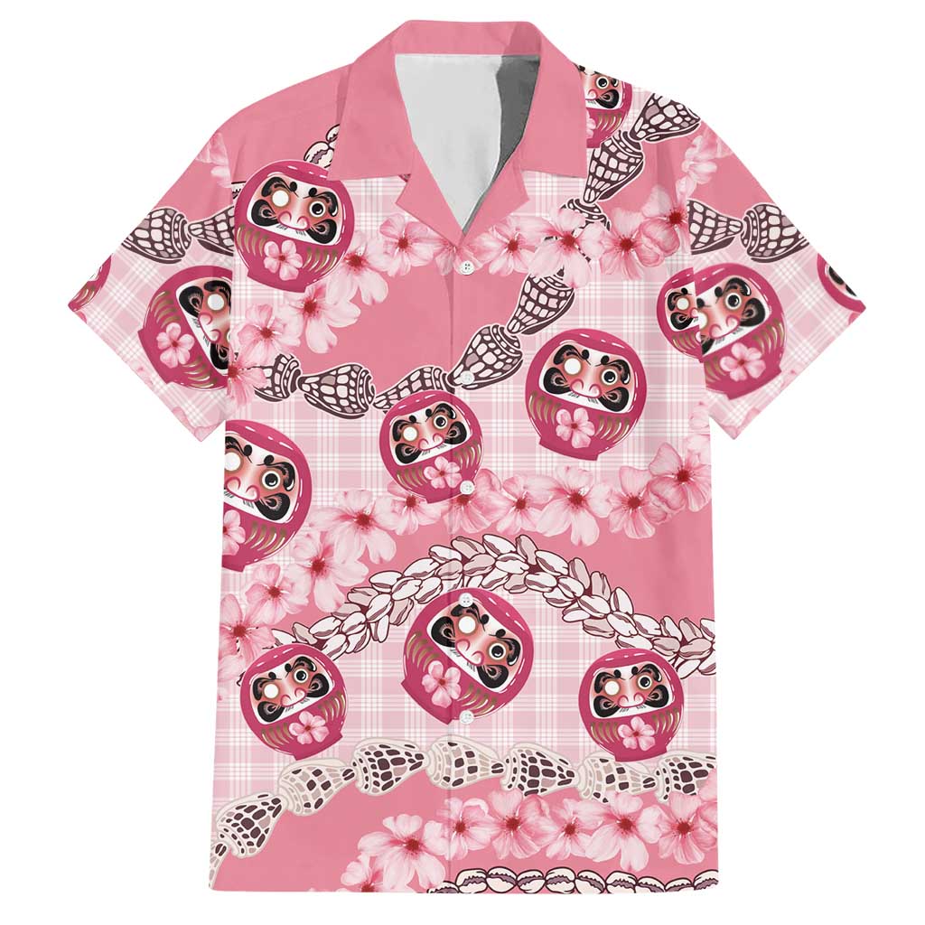 Japanese Daruma Doll Palaka Hawaiian Shirt Cherry Blossoms With Shell Lei - undefined