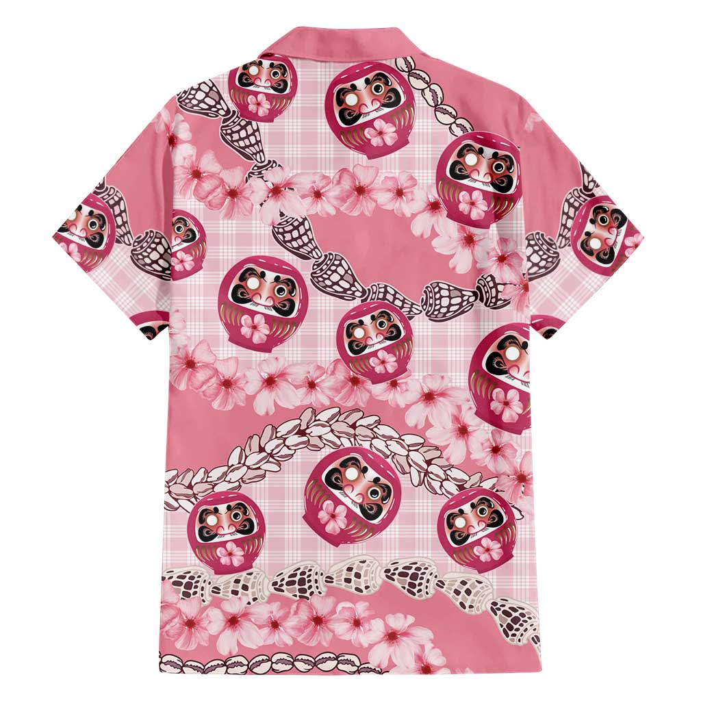 Japanese Daruma Doll Palaka Hawaiian Shirt Cherry Blossoms With Shell Lei - undefined