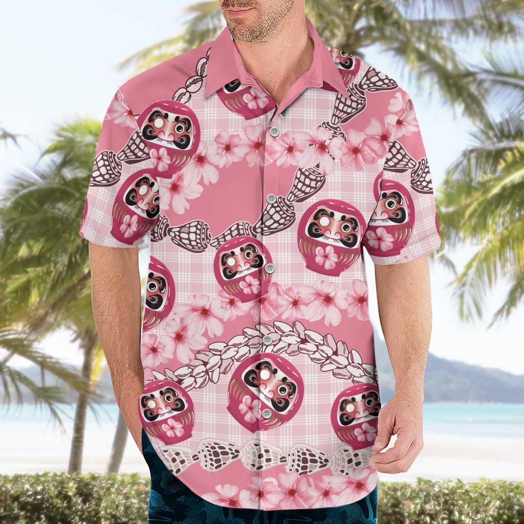 Japanese Daruma Doll Palaka Hawaiian Shirt Cherry Blossoms With Shell Lei - undefined