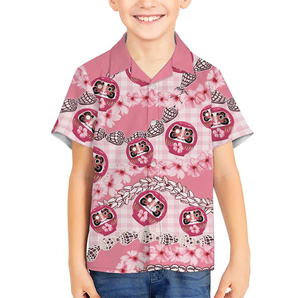 Japanese Daruma Doll Palaka Hawaiian Shirt Cherry Blossoms With Shell Lei - undefined