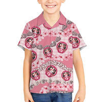 Japanese Daruma Doll Palaka Hawaiian Shirt Cherry Blossoms With Shell Lei - undefined