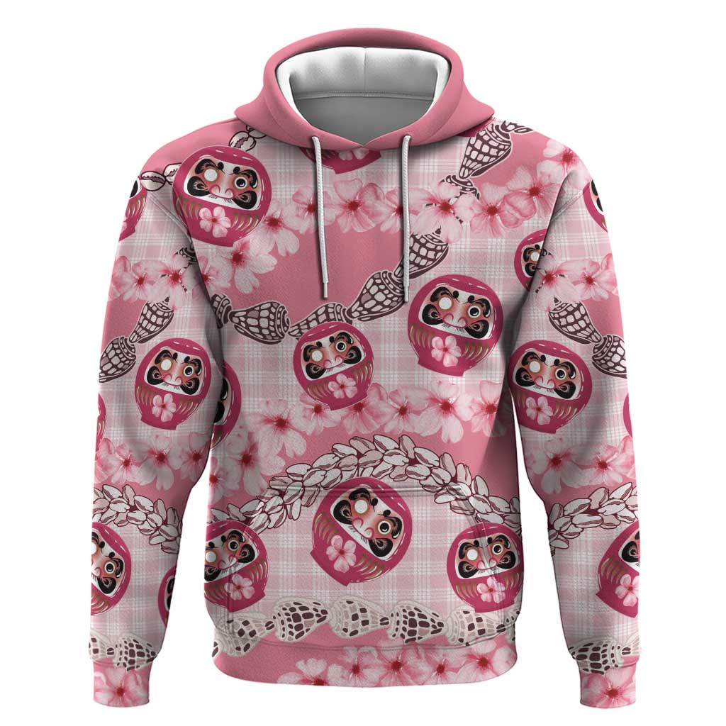 Japanese Daruma Doll Palaka Hoodie Cherry Blossoms With Shell Lei - Wonder Print Shop