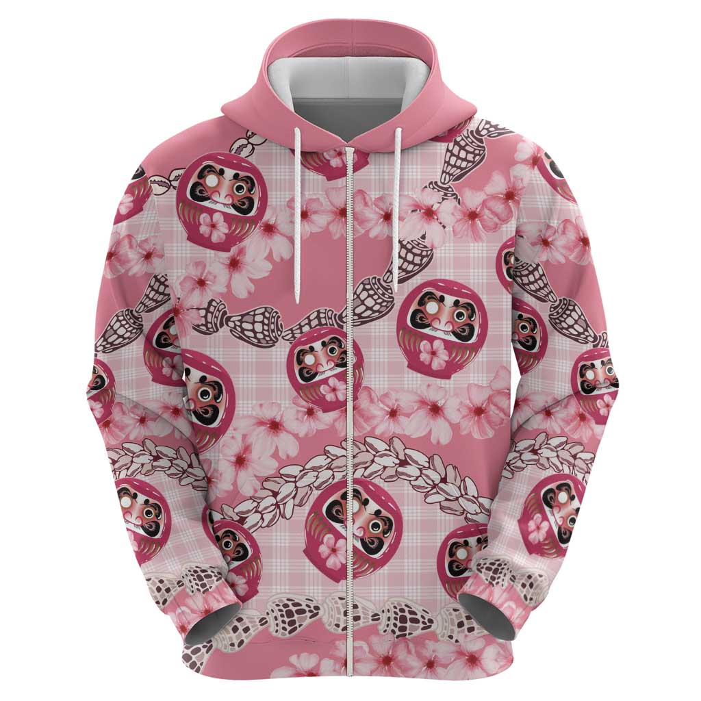 Japanese Daruma Doll Palaka Hoodie Cherry Blossoms With Shell Lei - Wonder Print Shop