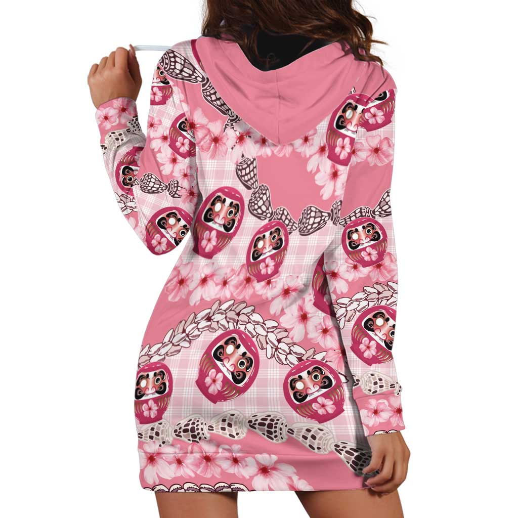 Japanese Daruma Doll Palaka Hoodie Dress Cherry Blossoms With Shell Lei - Wonder Print Shop