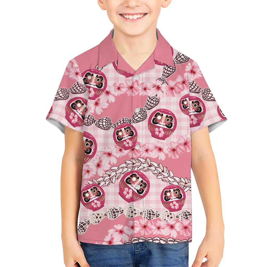 Japanese Daruma Doll Palaka Kid Hawaiian Shirt Cherry Blossoms With Shell Lei - Wonder Print Shop