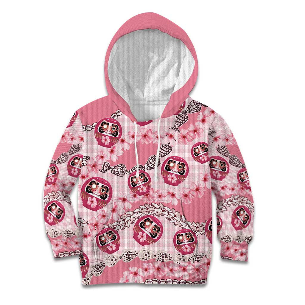 Japanese Daruma Doll Palaka Kid Hoodie Cherry Blossoms With Shell Lei - Wonder Print Shop