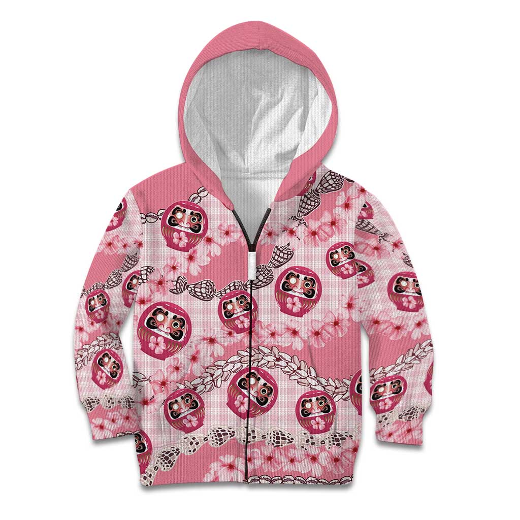 Japanese Daruma Doll Palaka Kid Hoodie Cherry Blossoms With Shell Lei - Wonder Print Shop