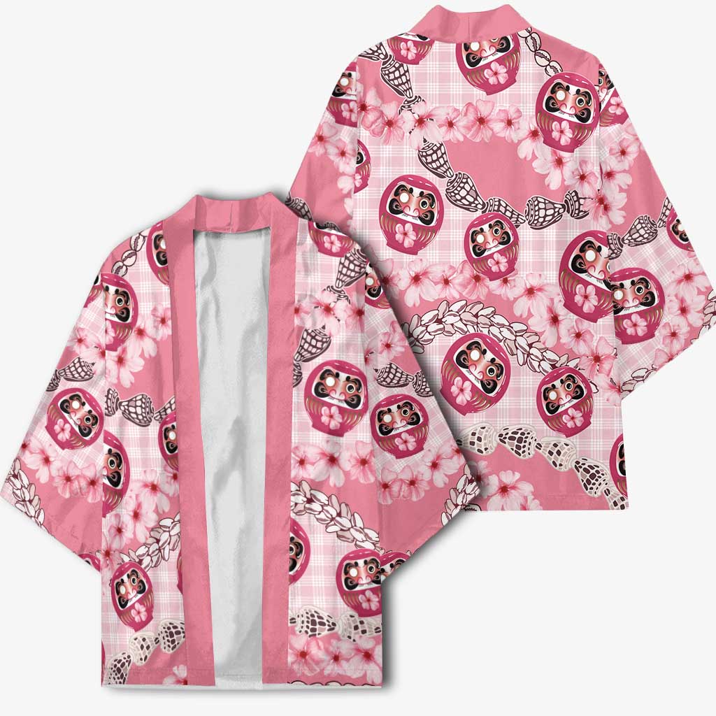 Japanese Daruma Doll Palaka Kimono Cherry Blossoms With Shell Lei - Wonder Print Shop