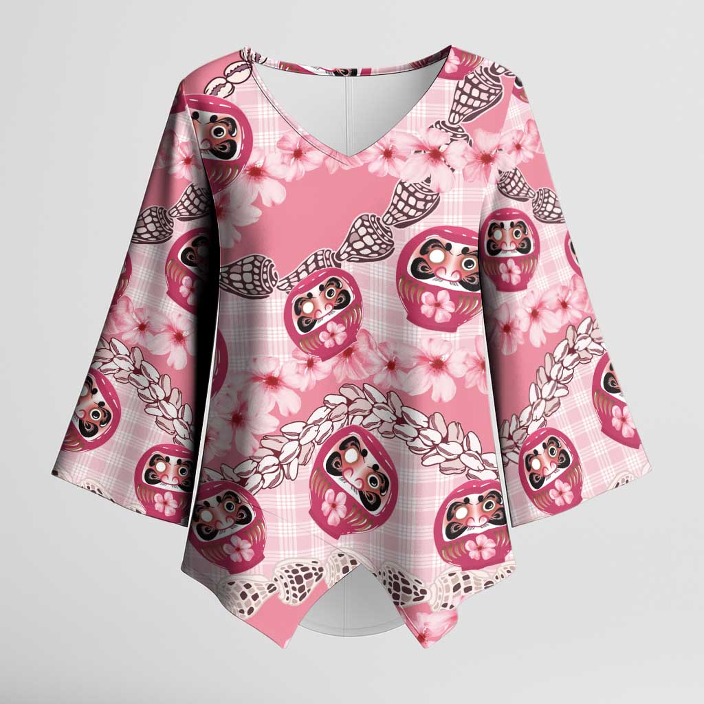 Japanese Daruma Doll Palaka Kimono Sleeve Blouse Cherry Blossoms With Shell Lei - Wonder Print Shop