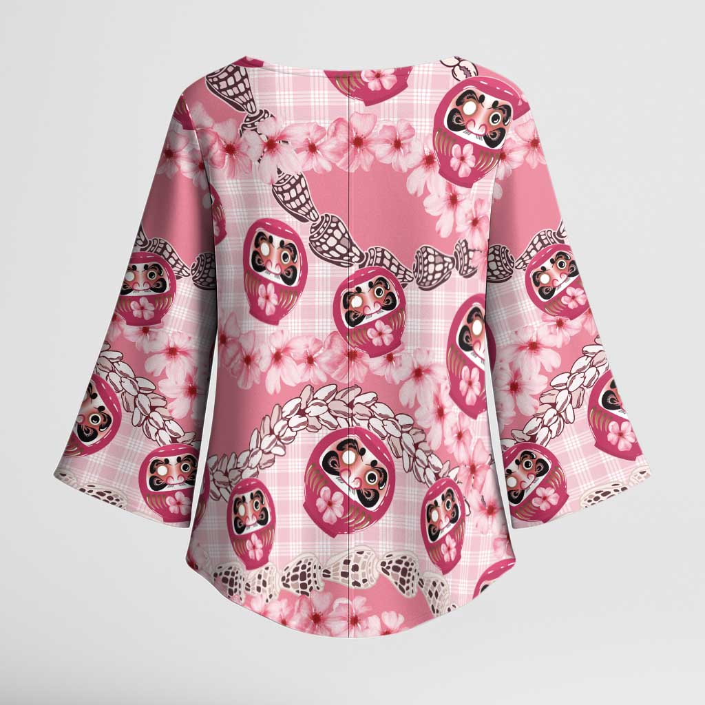 Japanese Daruma Doll Palaka Kimono Sleeve Blouse Cherry Blossoms With Shell Lei - Wonder Print Shop