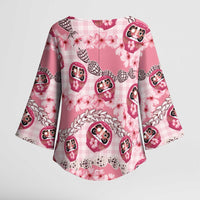 Japanese Daruma Doll Palaka Kimono Sleeve Blouse Cherry Blossoms With Shell Lei - Wonder Print Shop
