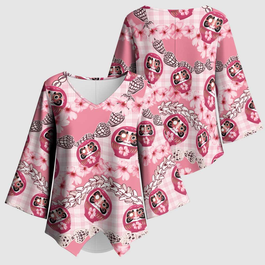 Japanese Daruma Doll Palaka Kimono Sleeve Blouse Cherry Blossoms With Shell Lei - Wonder Print Shop