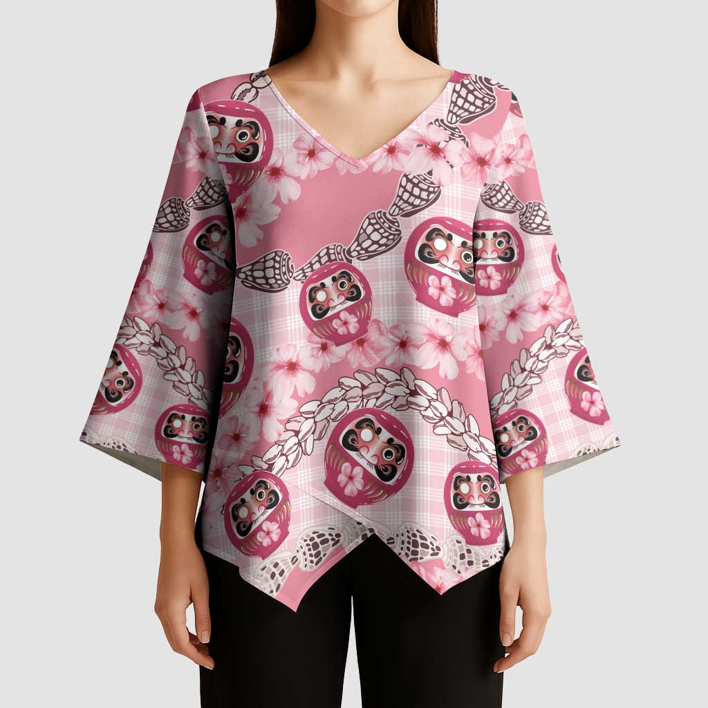 Japanese Daruma Doll Palaka Kimono Sleeve Blouse Cherry Blossoms With Shell Lei - Wonder Print Shop
