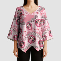 Japanese Daruma Doll Palaka Kimono Sleeve Blouse Cherry Blossoms With Shell Lei - Wonder Print Shop