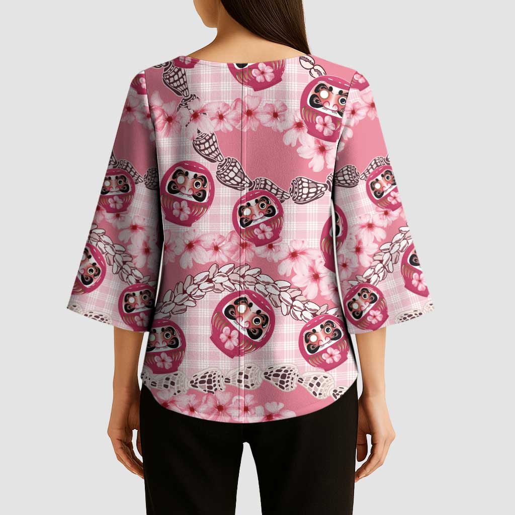 Japanese Daruma Doll Palaka Kimono Sleeve Blouse Cherry Blossoms With Shell Lei - Wonder Print Shop