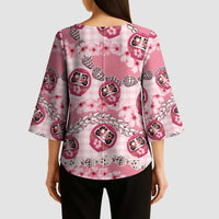 Japanese Daruma Doll Palaka Kimono Sleeve Blouse Cherry Blossoms With Shell Lei - Wonder Print Shop