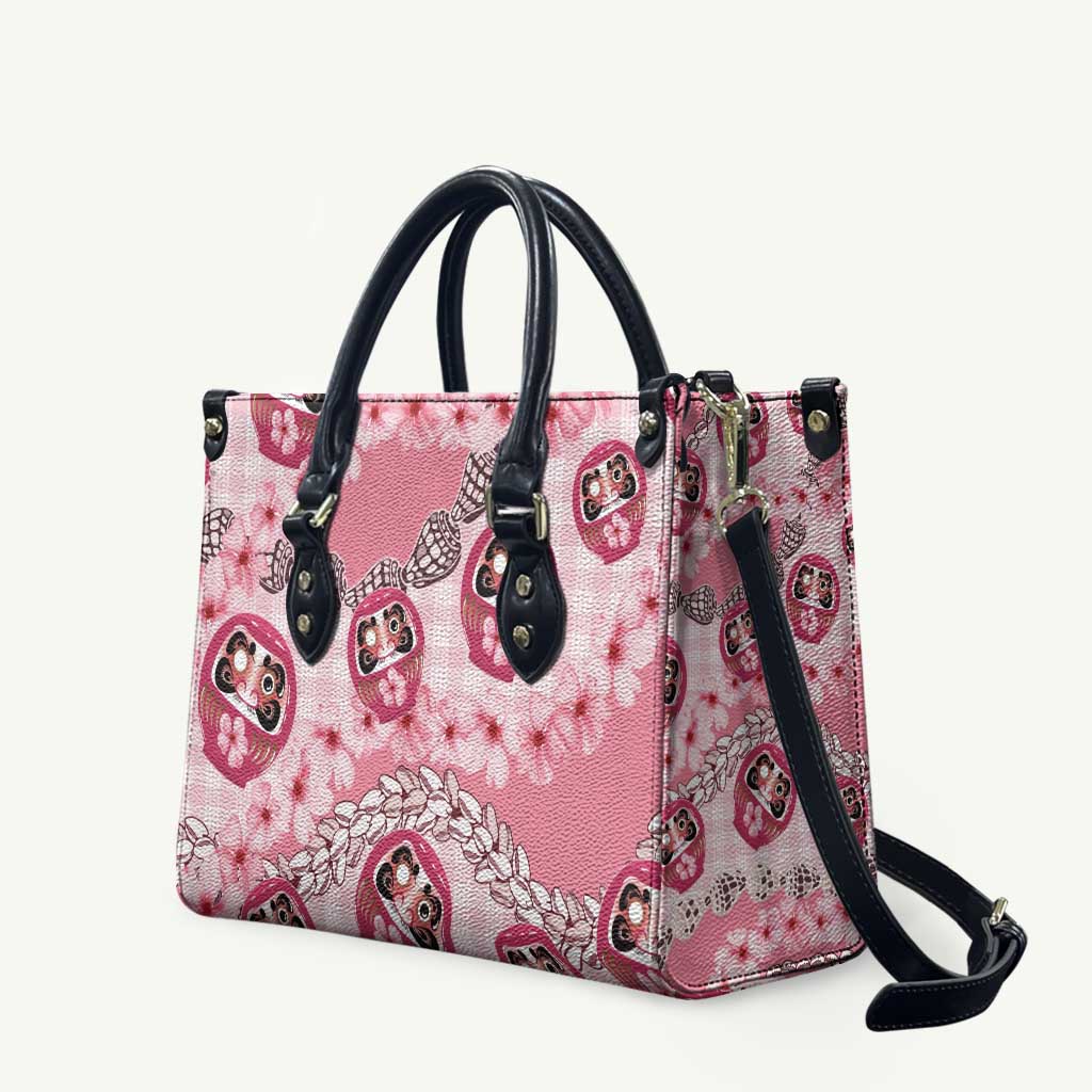 Japanese Daruma Doll Palaka Leather Bag Cherry Blossoms With Shell Lei - Wonder Print Shop