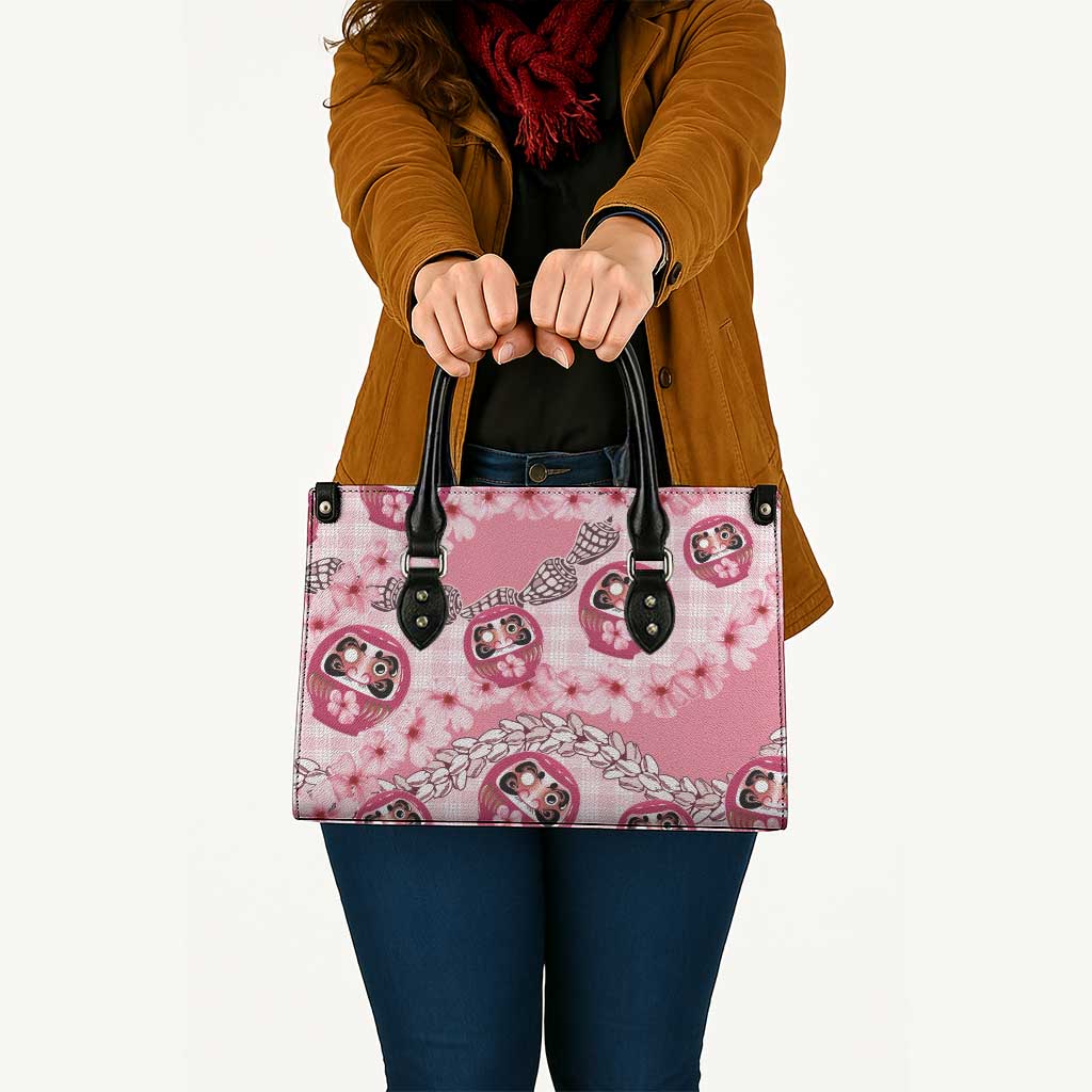 Japanese Daruma Doll Palaka Leather Bag Cherry Blossoms With Shell Lei - Wonder Print Shop