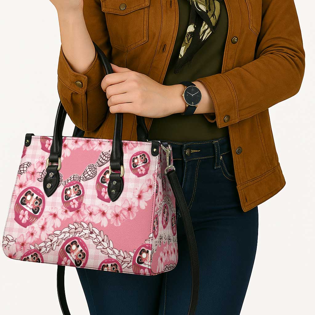 Japanese Daruma Doll Palaka Leather Bag Cherry Blossoms With Shell Lei - Wonder Print Shop